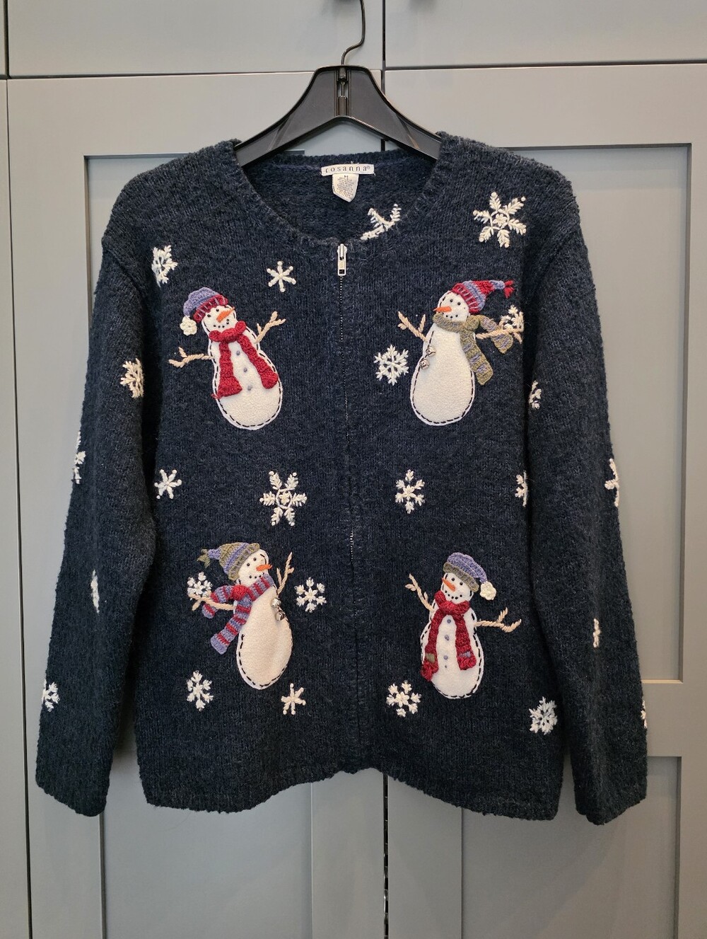 Womens M Blue Silk Blend Full Zip Embroidered Snowman Cardigan Winter Grandma